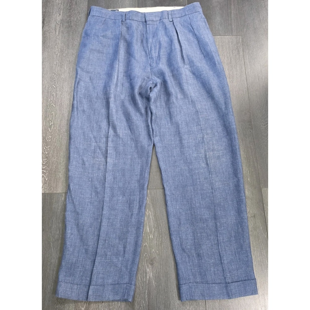 Vintage Polo Ralph Lauren Cuffed Pleated Trouser Pants Blue 100% Linen 36x30